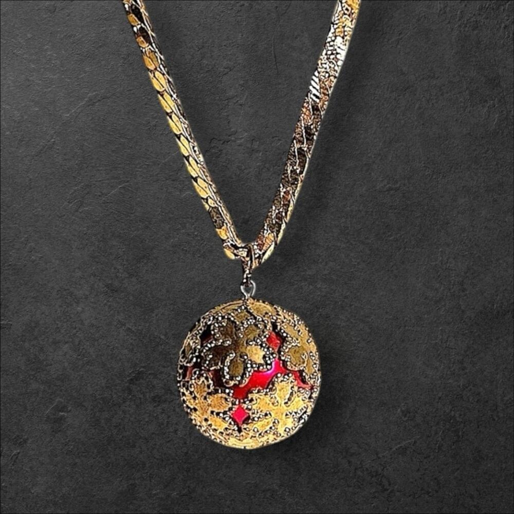 Vintage Cranberry & Gold Tone Floral Sphere Necklace with Good Tone 22” Chain